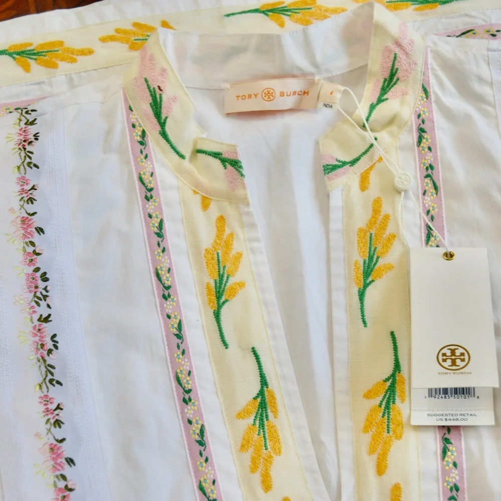 🏷️ NWT Tory Burch Ribbon Embellished Tunic in White Size 4